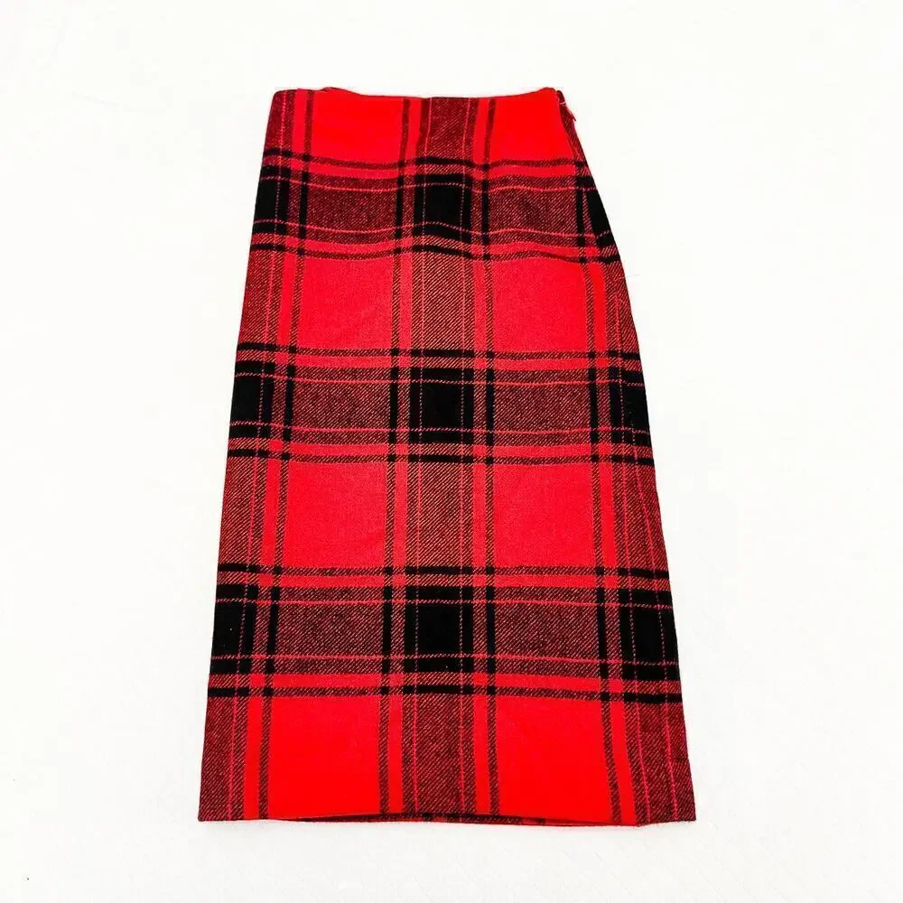 Talbots Plaid Madras Wool Checkered Flannel Pencil Skirt Red Black Size 14 - Picture 5 of 5